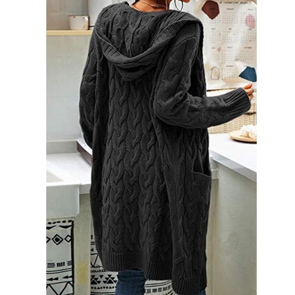 Hooded Open Front Cardigan Cable Knit Sweater Solid Chunky Black - Picture 4 of 5